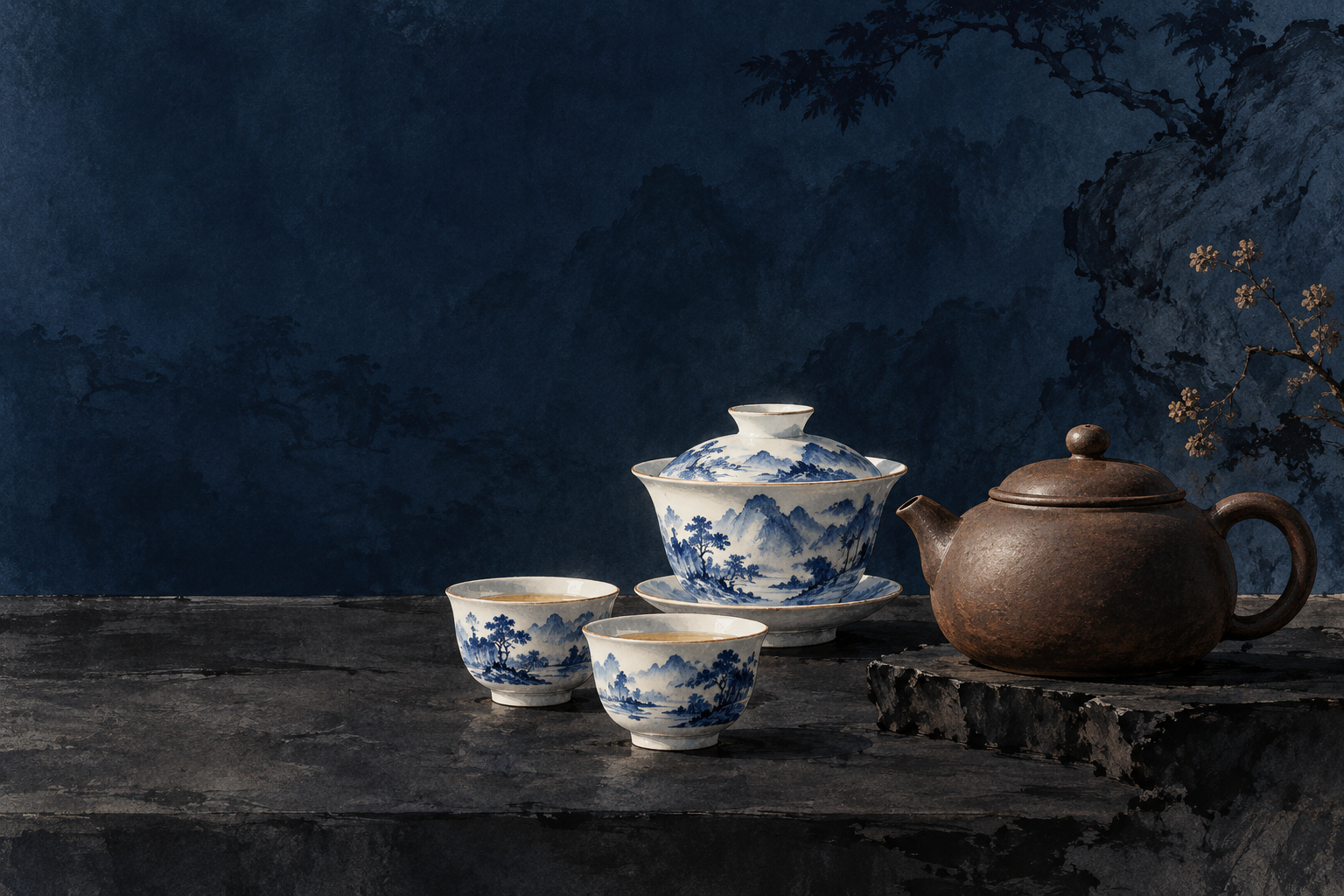 Illustration of a clay teapot and blue-and-white porcelain tea utensils