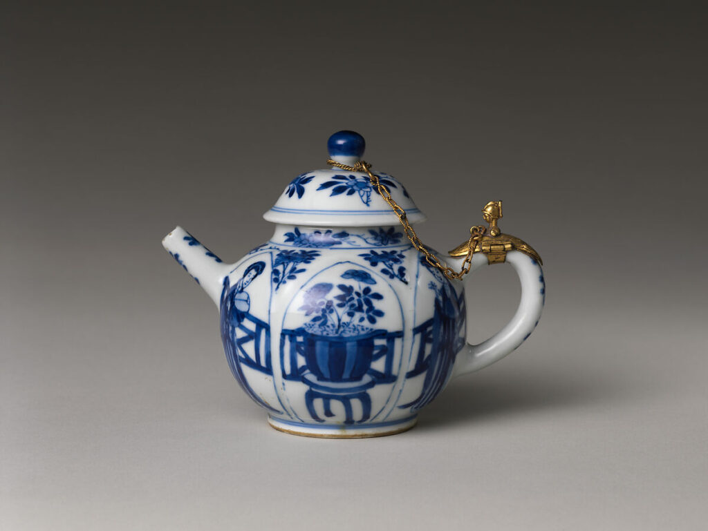Historic blue-and-white Jingdezhen porcelain teapot with a European mount, in The Met collection