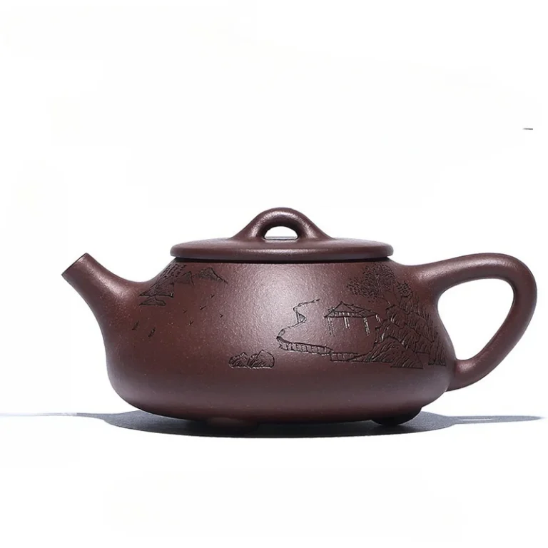 Purple clay landscape teapot with bridge-style lid handle on a white background